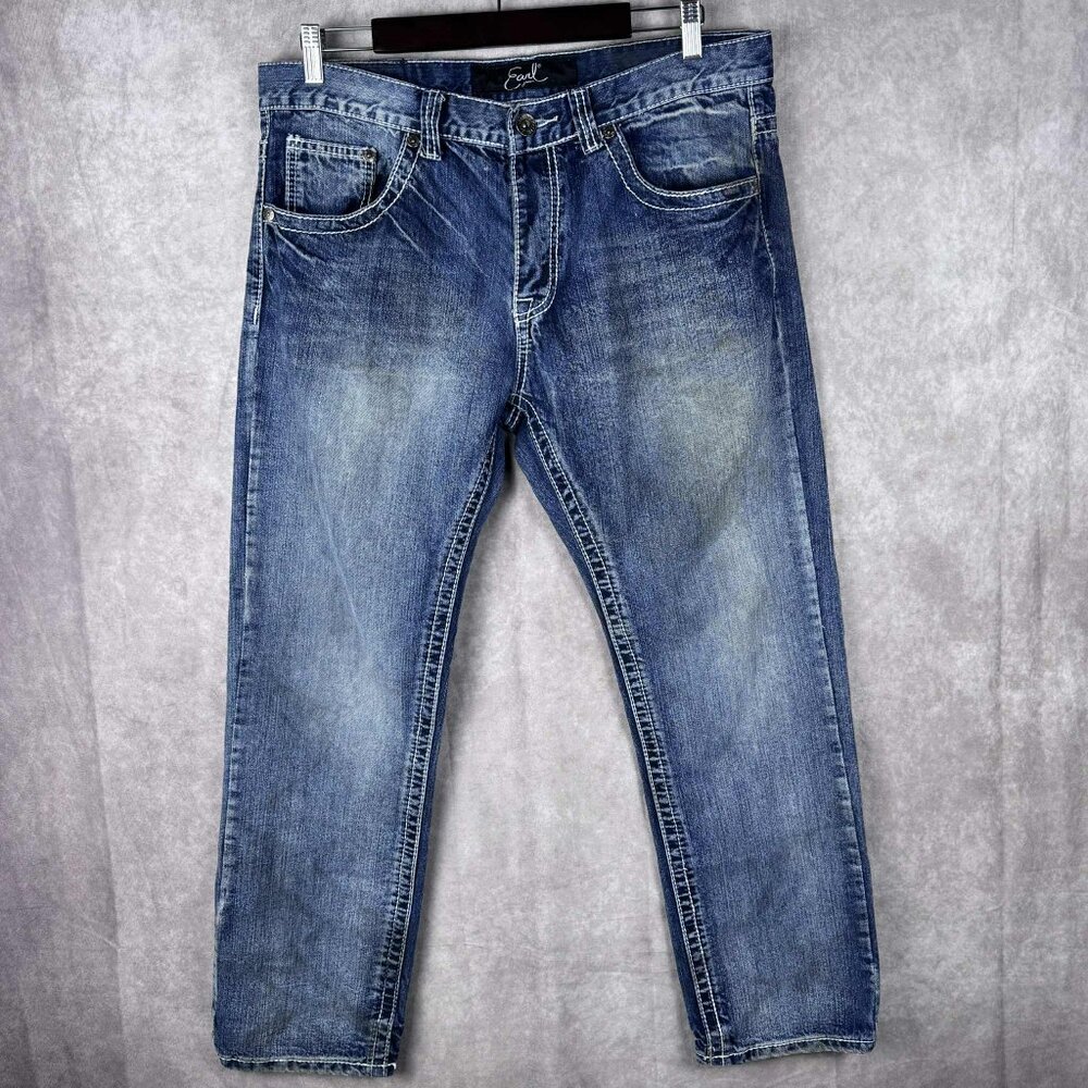 Earl Jeans 35x28 Straight Leg Denim Jeans Medium Wash Contrast Stitching Distres
